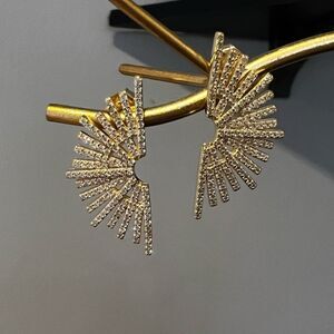 Deco Fan Gold Tone and Rhinestone Earrings